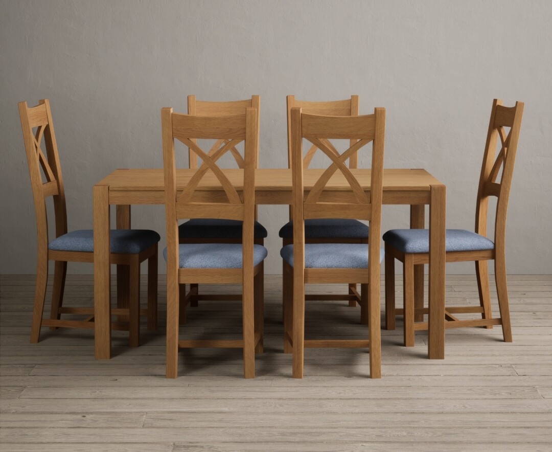 Product photograph of York 150cm Solid Oak Dining Table With 6 Blue X Back Chairs from Oak Furniture Superstore