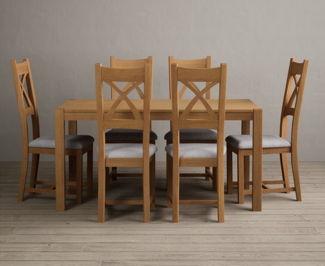 York 150cm Solid Oak Dining Table With 6 Light Grey X Back Chairs