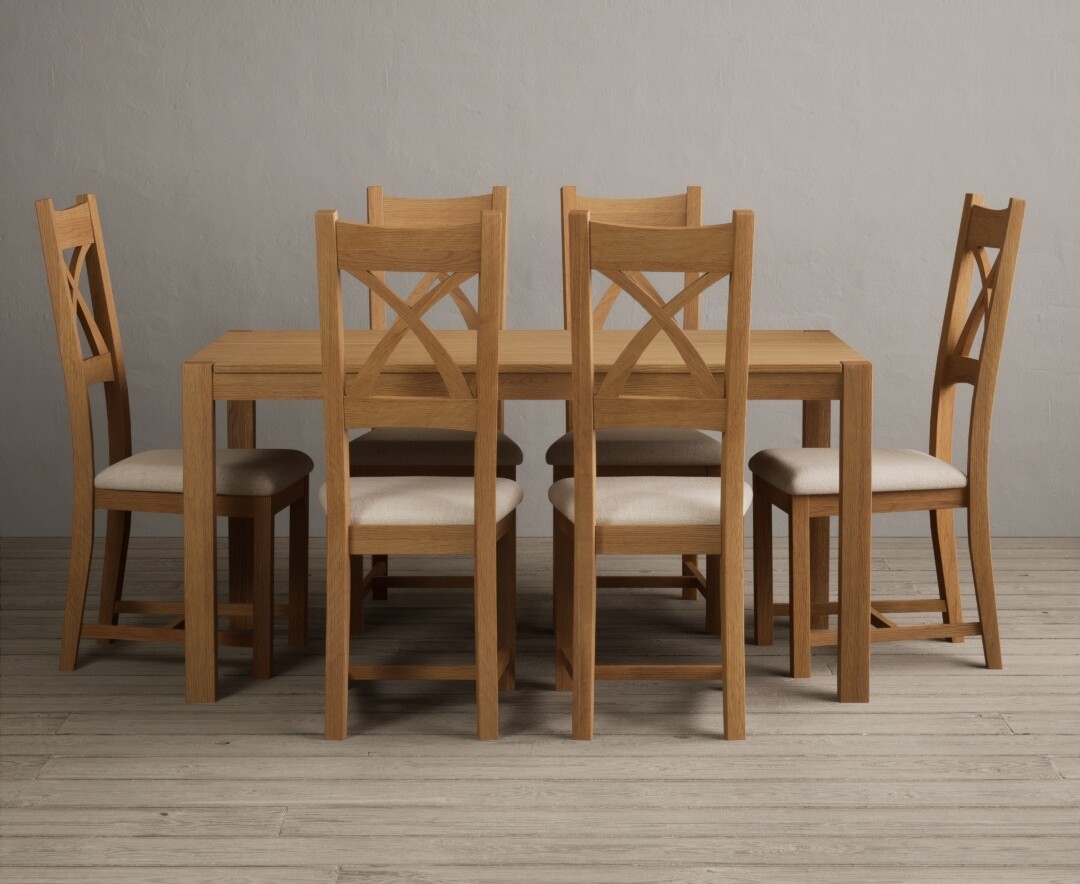York 150cm Solid Oak Dining Table With 6 Linen X Back Chairs