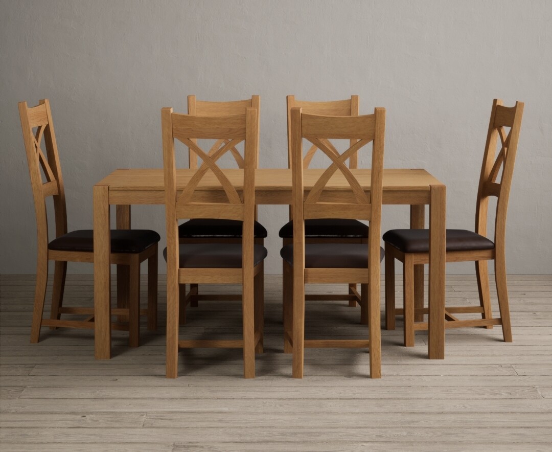 York 150cm Solid Oak Dining Table With 6 Brown X Back Chairs