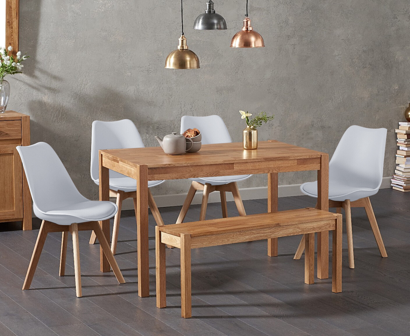Product photograph of York 150cm Solid Oak Dining Table With 2 White Orson Chairs With 1 Oak Bench from Oak Furniture Superstore