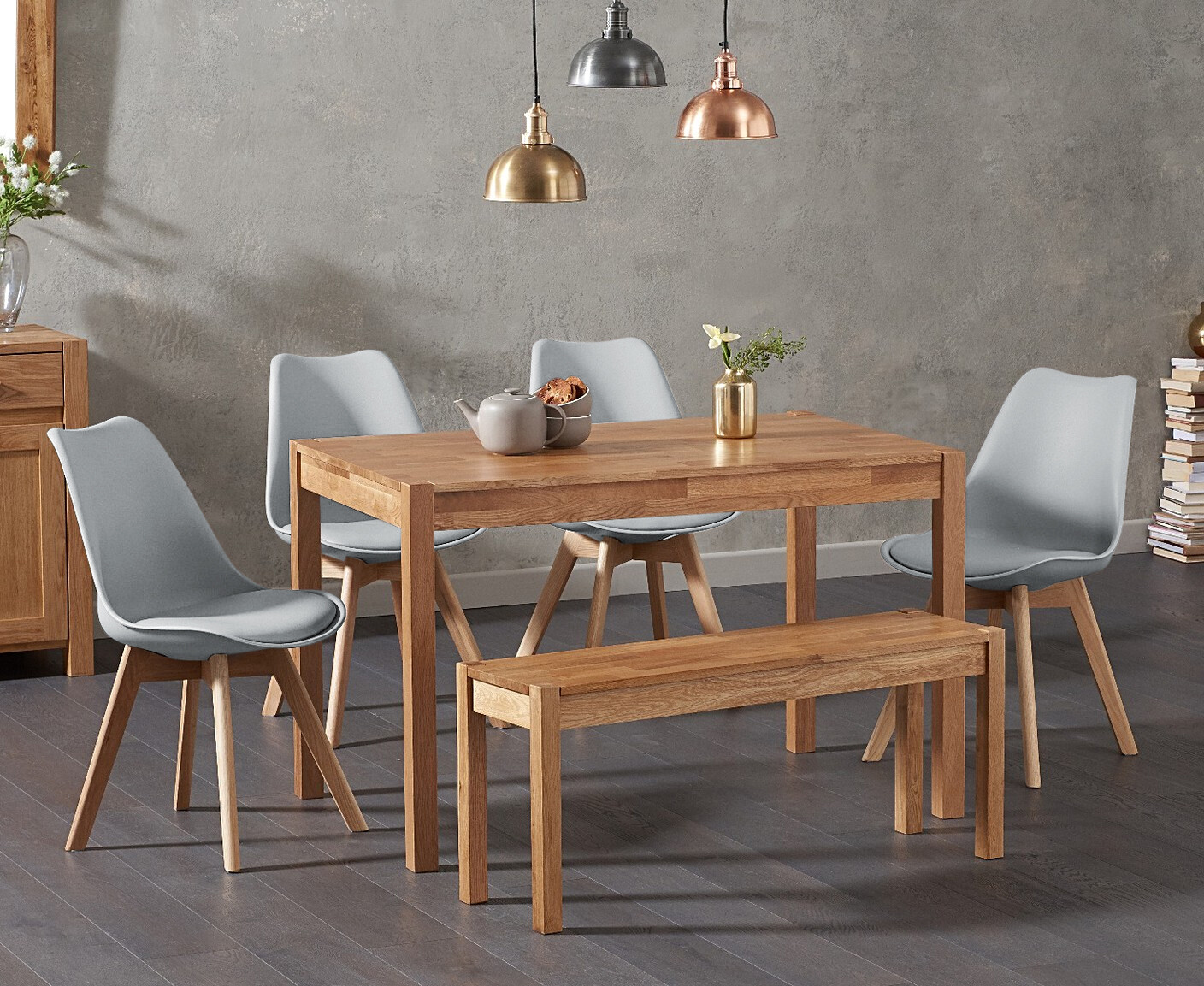 York 150cm Solid Oak Dining Table With 4 White Orson Chairs With 2 Oak Benches