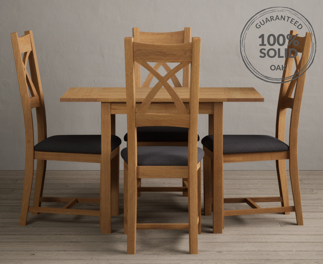 Product photograph of Extending York 70cm Solid Oak Dining Table With 4 Charcoal Grey X Back Chairs from Oak Furniture Superstore