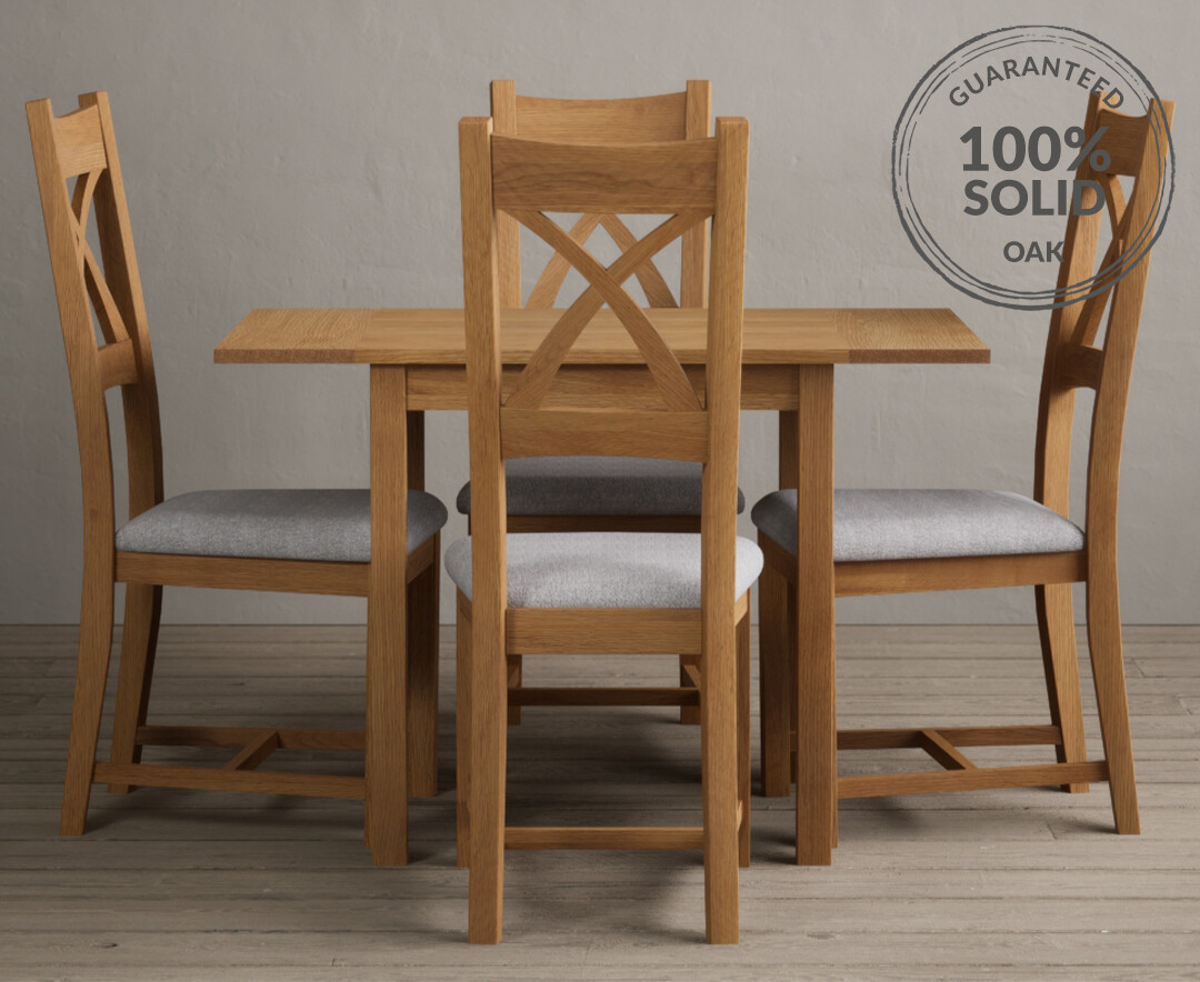 Product photograph of Extending York 70cm Solid Oak Dining Table With 4 Light Grey X Back Chairs from Oak Furniture Superstore