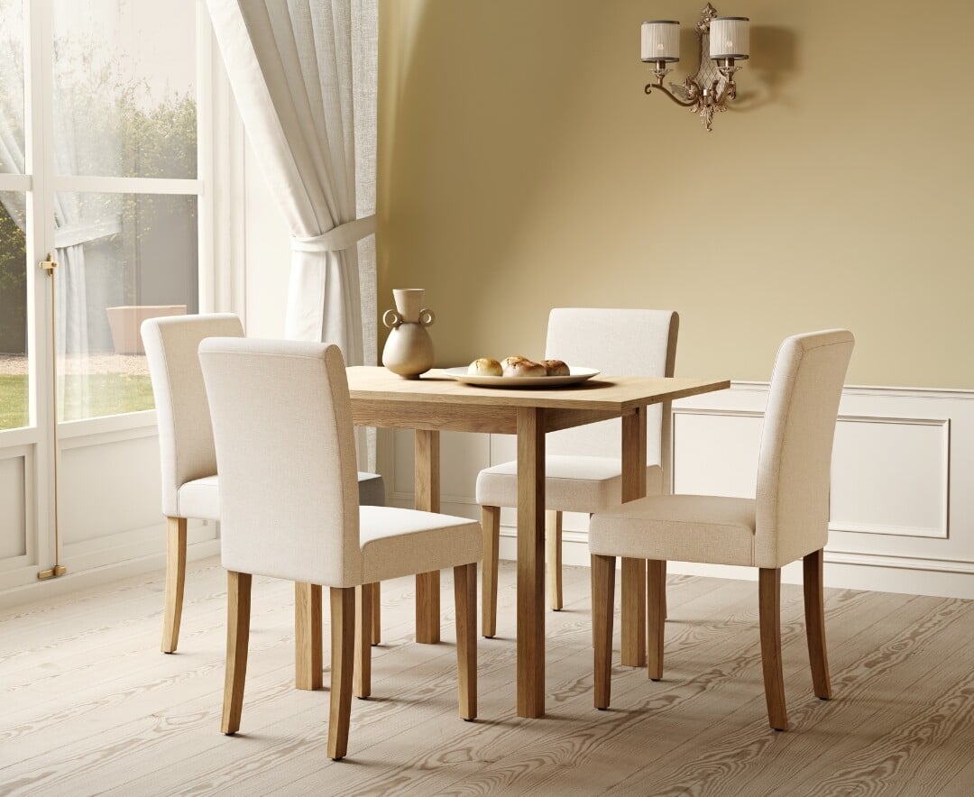 Product photograph of Extending York 70cm Solid Oak Drop Leaf Dining Table With 4 Charcoal Lila Chairs from Oak Furniture Superstore