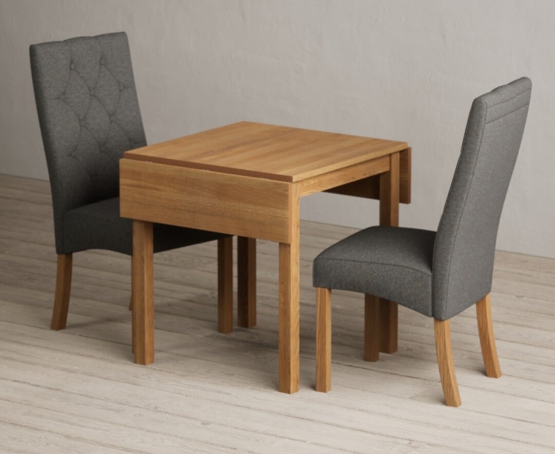 Product photograph of Extending York 70cm Solid Oak Drop Leaf Dining Table With 4 Grey Maya Chairs from Oak Furniture Superstore