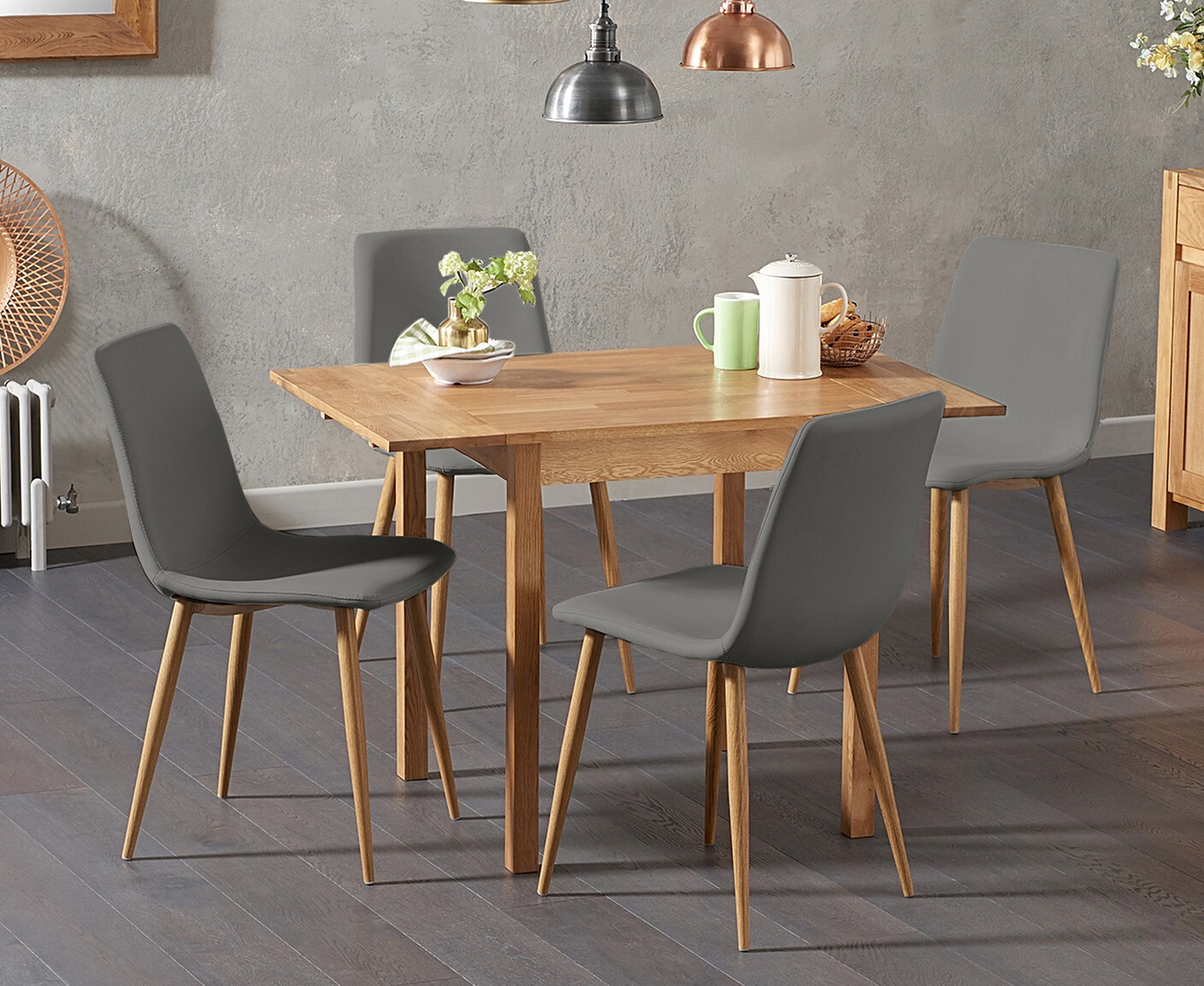 York 70cm Solid Oak Extending Dining Table With 4 Grey Astrid Faux Leather Chairs