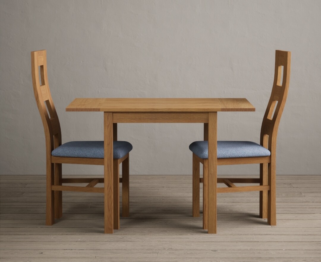 Product photograph of Extending York 70cm Solid Oak Dining Table With 2 Blue Flow Back Chairs from Oak Furniture Superstore