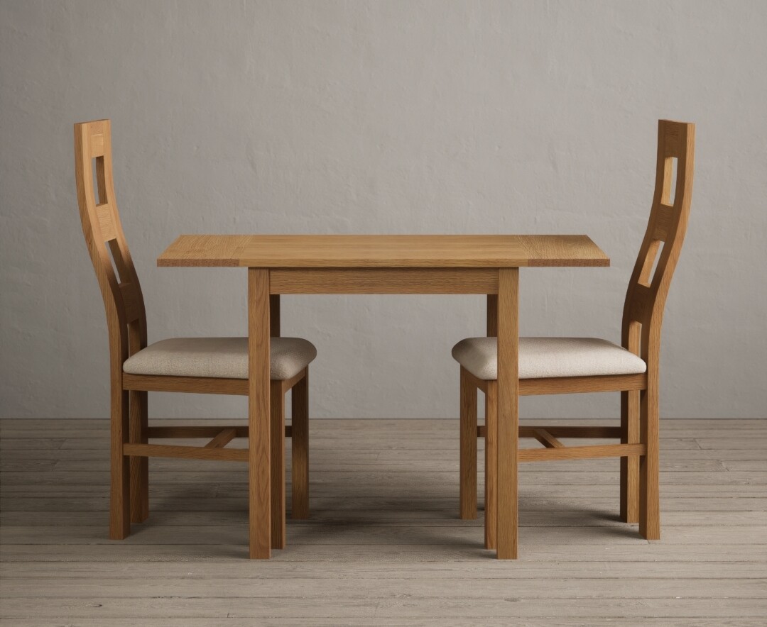 Product photograph of Extending York 70cm Solid Oak Dining Table With 2 Linen Flow Back Chairs from Oak Furniture Superstore