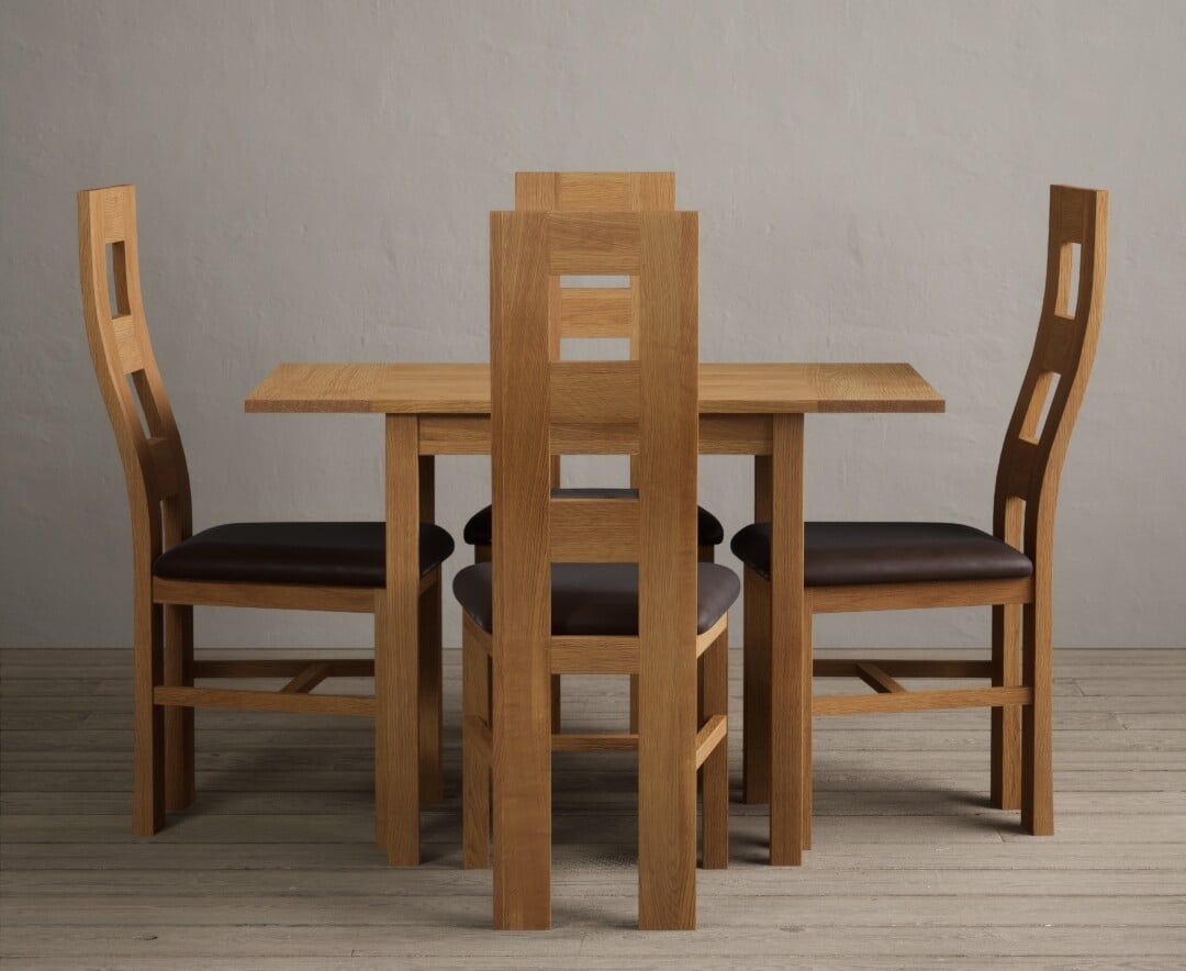 Extending York 70cm Solid Oak Dining Table With 4 Brown Flow Back Chairs