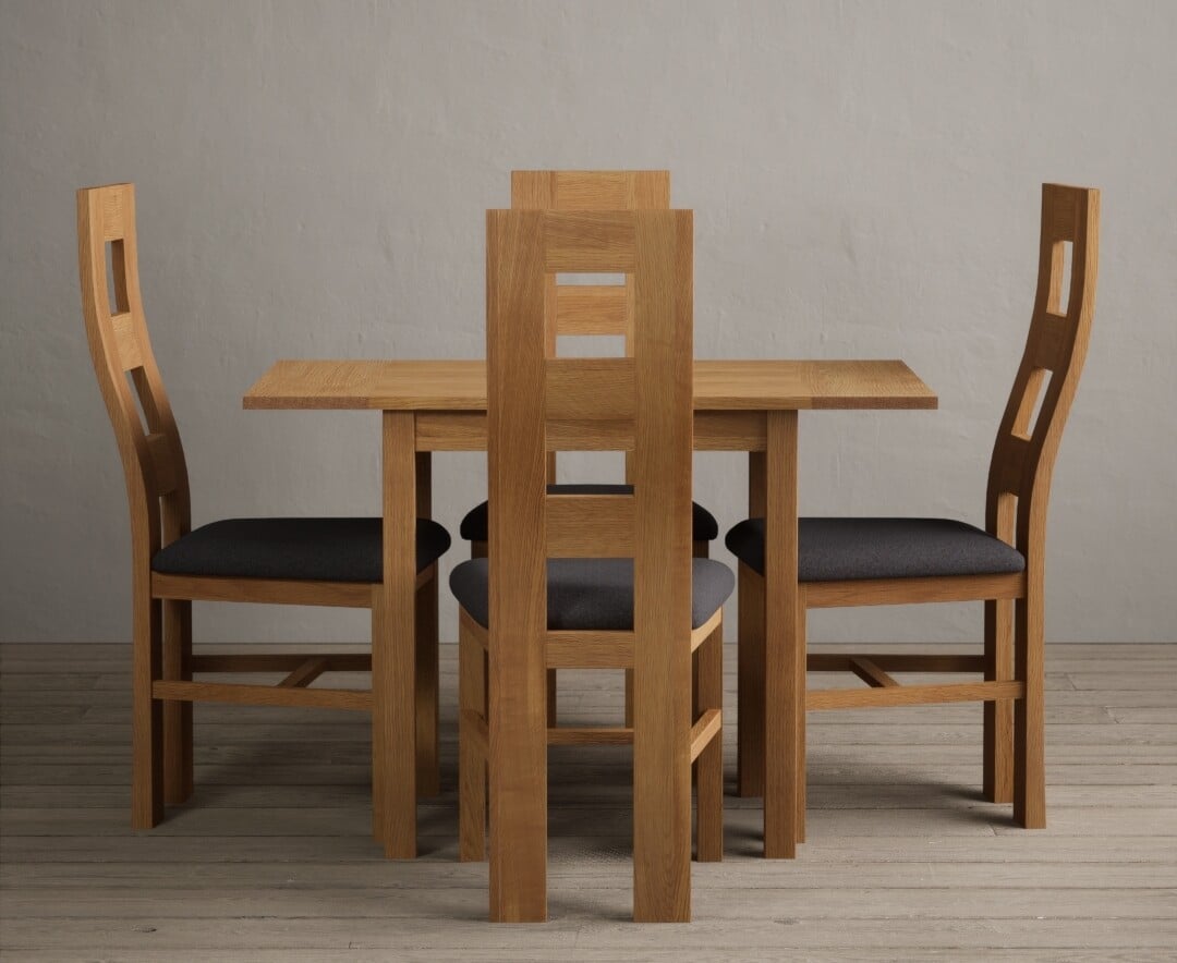 Product photograph of Extending York 70cm Solid Oak Dining Table With 4 Charcoal Grey Flow Back Chairs from Oak Furniture Superstore