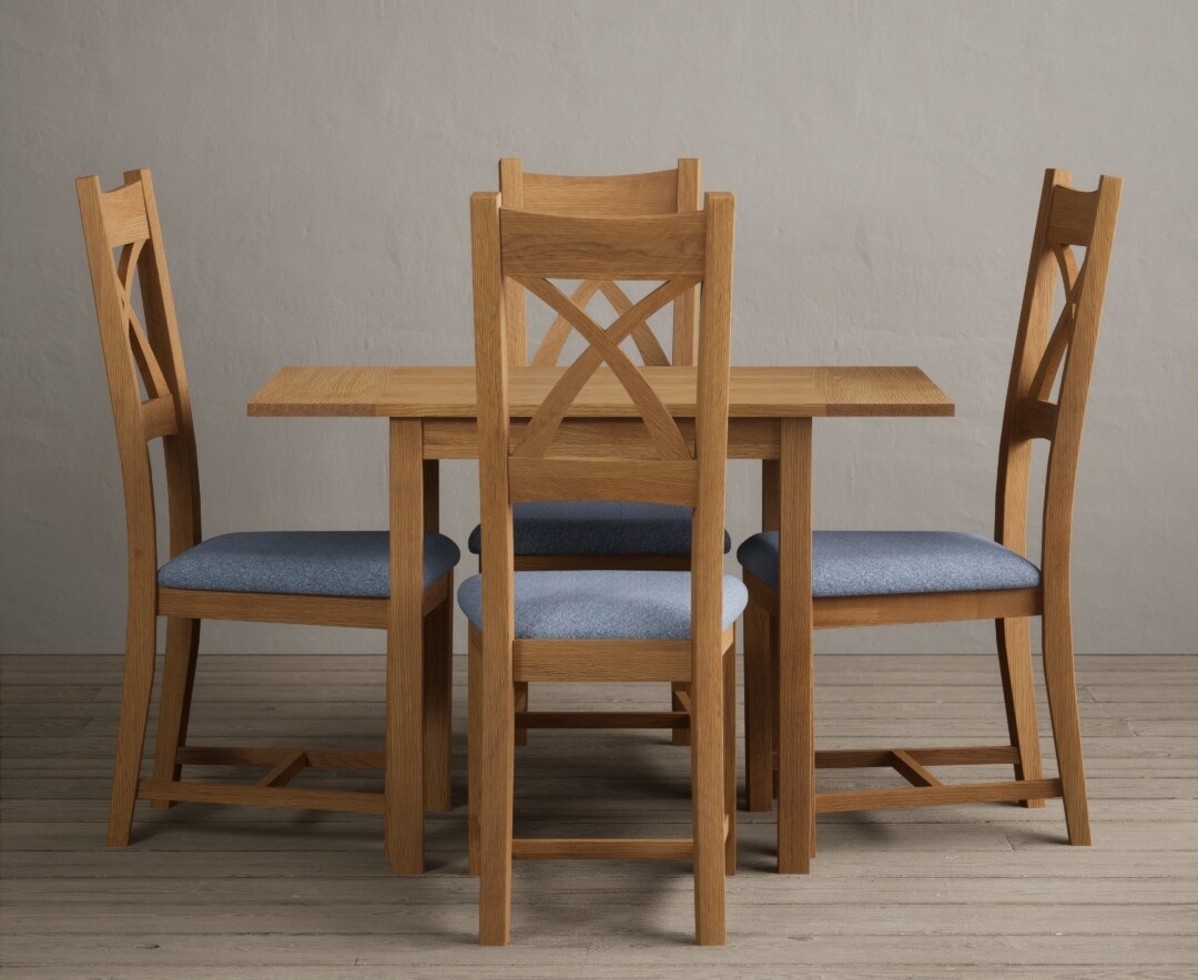 Product photograph of Extending York 70cm Solid Oak Dining Table With 4 Blue X Back Chairs from Oak Furniture Superstore