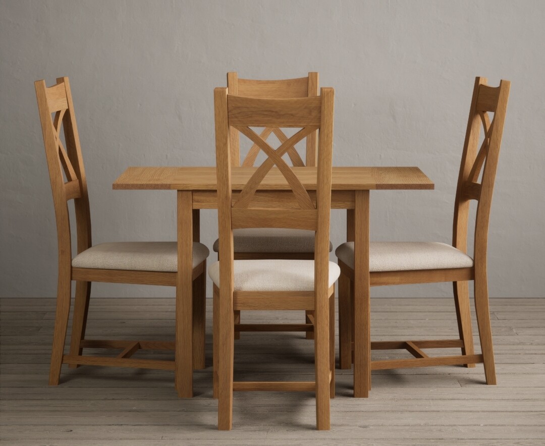 Product photograph of Extending York 70cm Solid Oak Dining Table With 4 Linen X Back Chairs from Oak Furniture Superstore