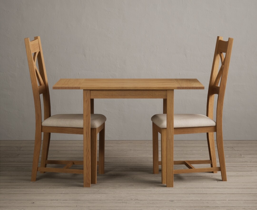 Product photograph of Extending York 70cm Solid Oak Dining Table With 2 Linen X Back Chairs from Oak Furniture Superstore