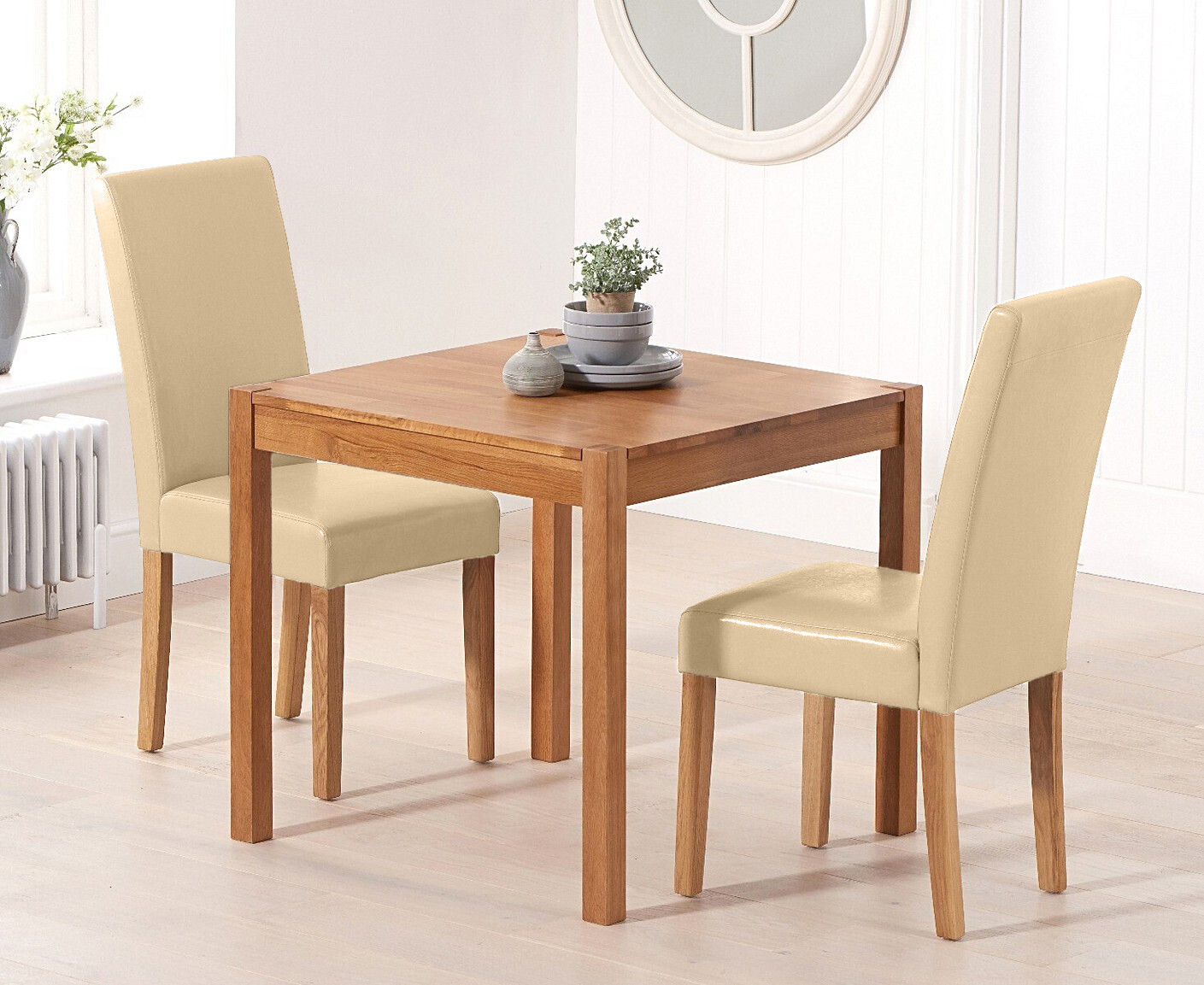Product photograph of York 80cm Solid Oak Dining Table With 2 Cream Olivia Chairs from Oak Furniture Superstore