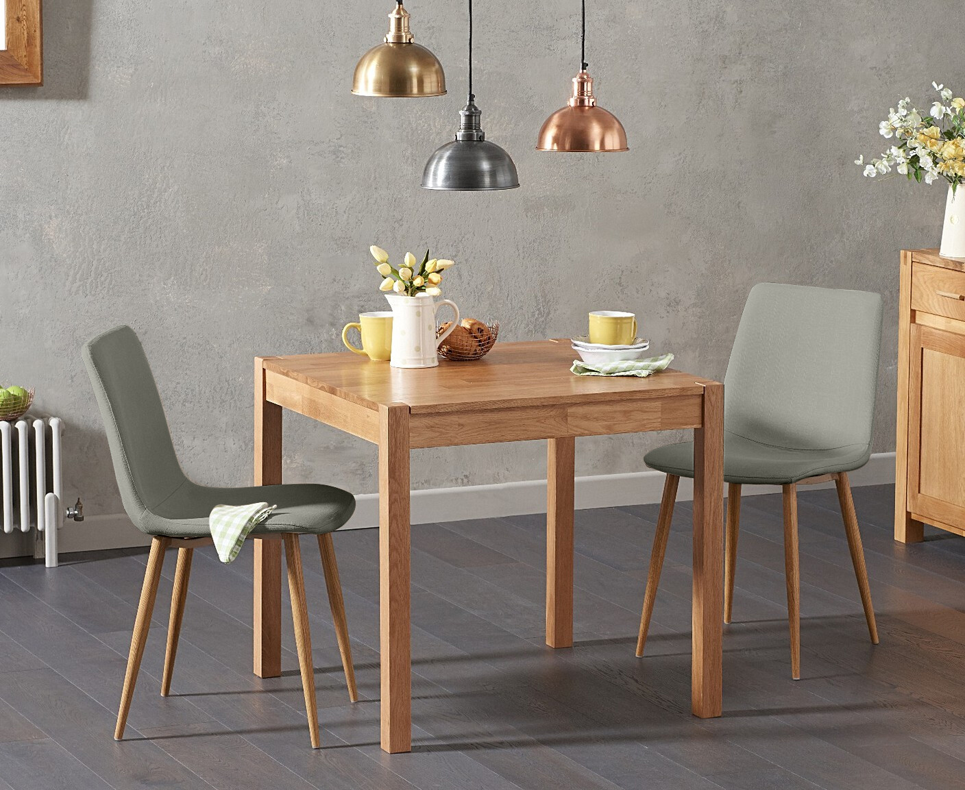 Product photograph of York 80cm Solid Oak Dining Table With 2 Grey Astrid Fabric Chairs from Oak Furniture Superstore