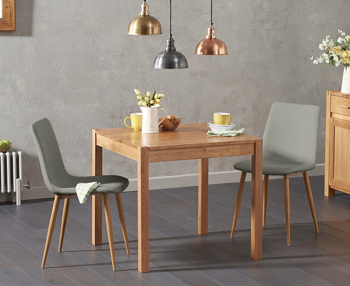 York 80cm Solid Oak Dining Table With 4 Grey Astrid Fabric Chairs