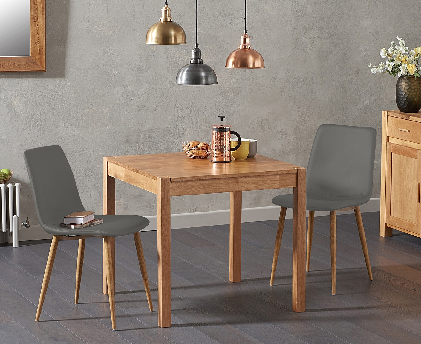 Product photograph of York 80cm Solid Oak Dining Table With 2 Grey Astrid Faux Leather Chairs from Oak Furniture Superstore