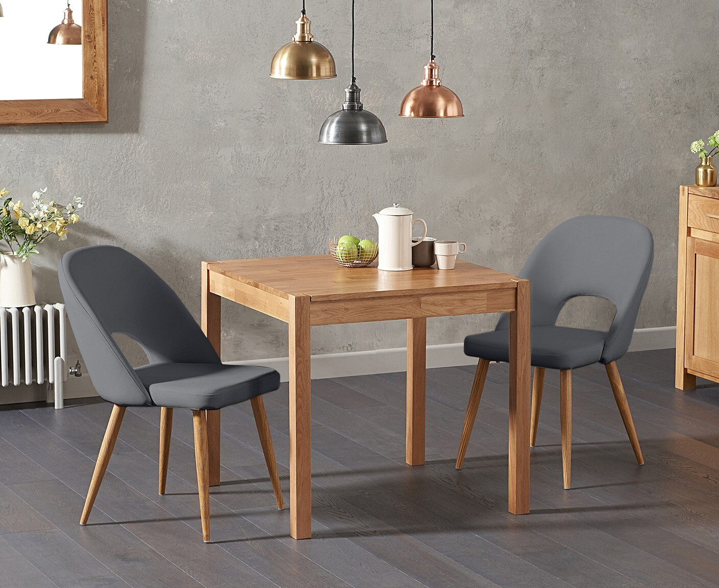 York 80cm Solid Oak Dining Table With 2 Grey Hudson Faux Leather Chairs