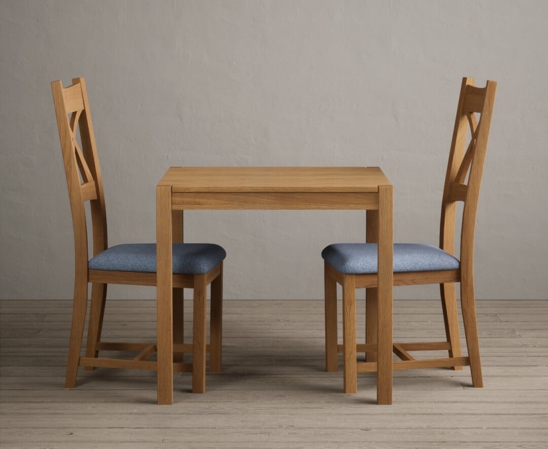 York 80cm Solid Oak Dining Table With 2 Blue X Back Chairs