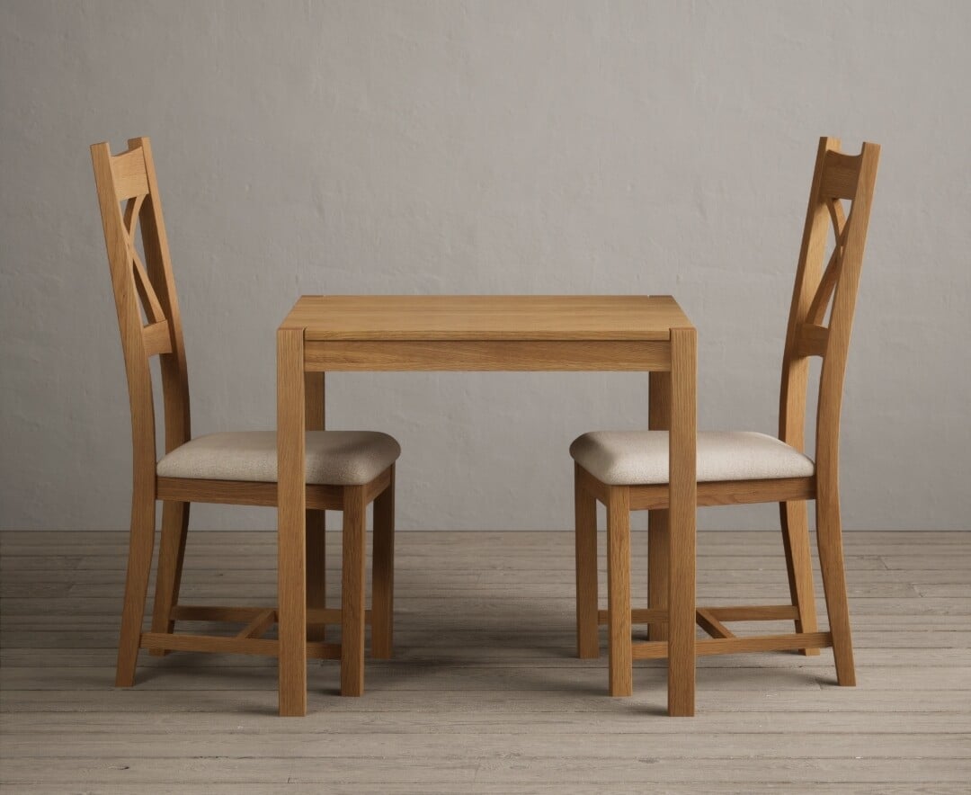 York 80cm Solid Oak Dining Table With 2 Light Grey X Back Chairs