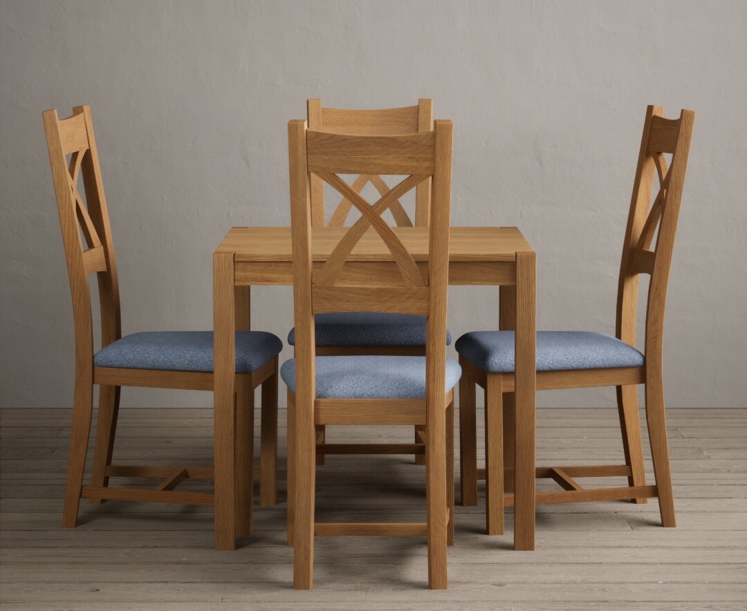 Product photograph of York 80cm Solid Oak Dining Table With 4 Blue X Back Chairs from Oak Furniture Superstore