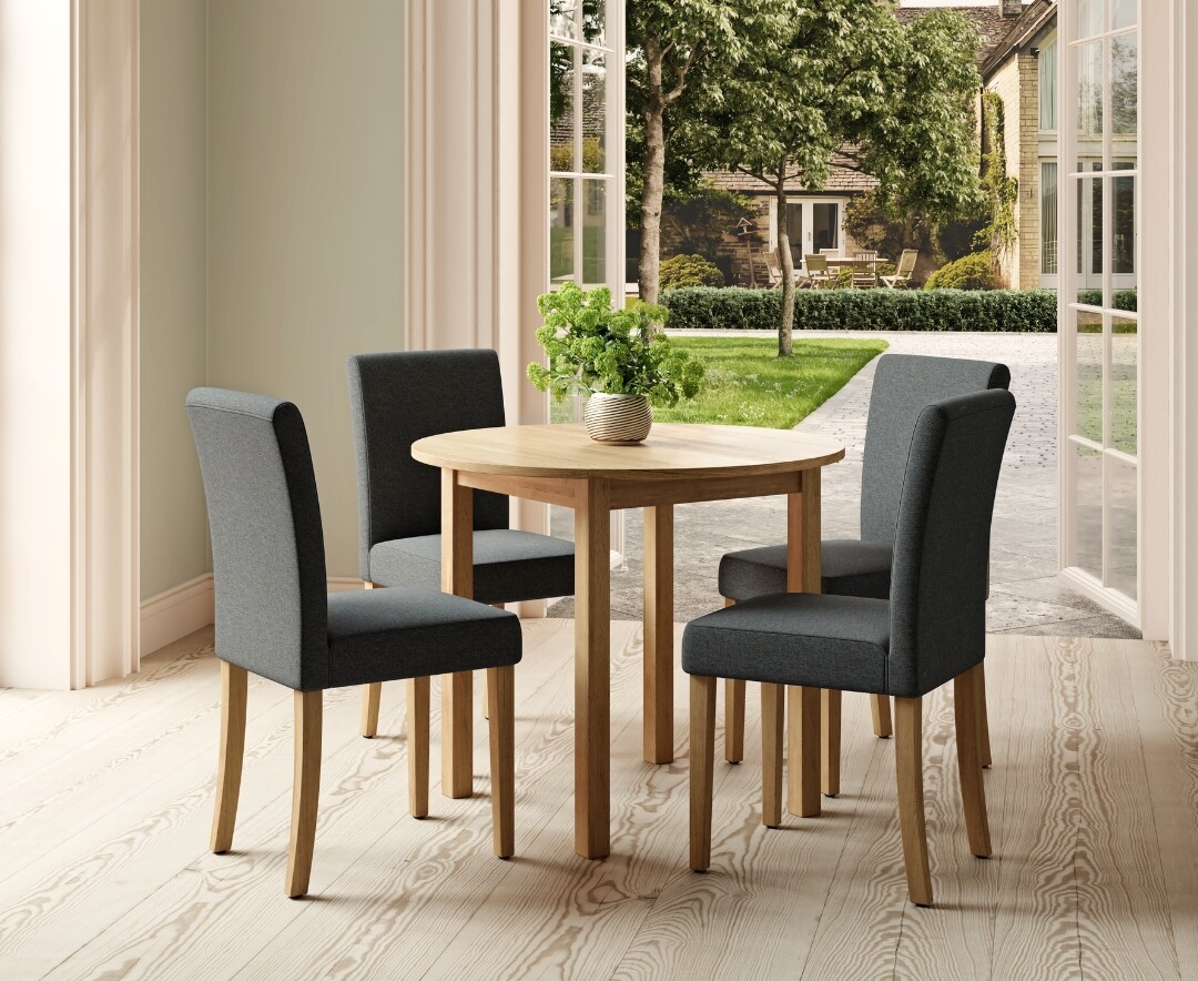Product photograph of Extending York 90cm Solid Oak Dining Table With 2 Charcoal Lila Chairs from Oak Furniture Superstore