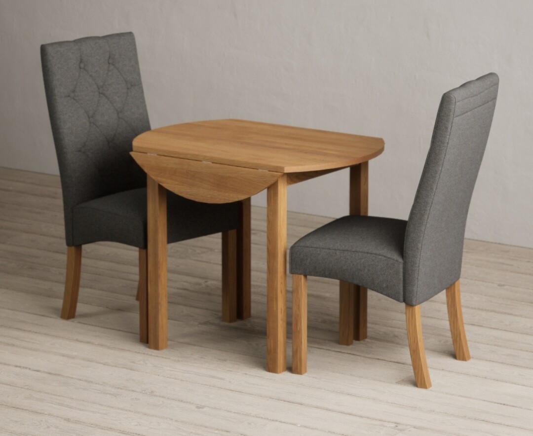 Product photograph of Extending York 90cm Solid Oak Dining Table With 2 Grey Maya Chairs from Oak Furniture Superstore