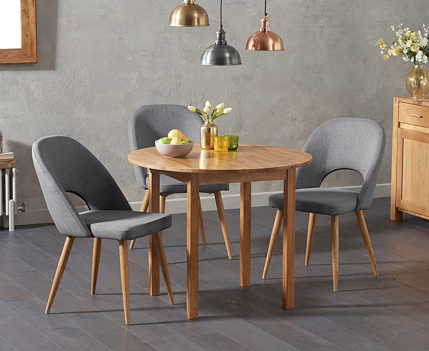 Product photograph of York 90cm Solid Oak Drop Leaf Extending Dining Table With 2 Grey Hudson Fabric Chairs from Oak Furniture Superstore