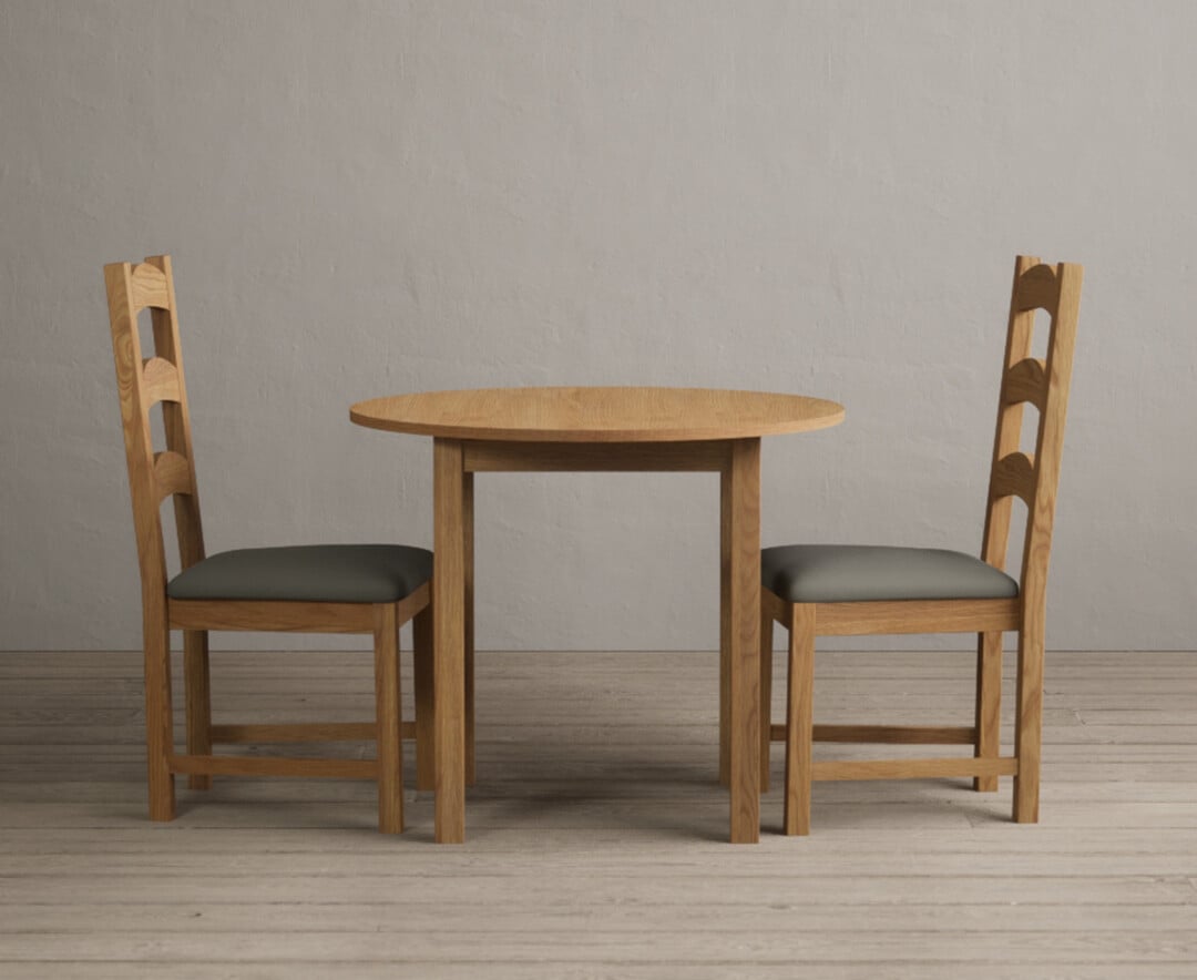 Extending York 90cm Solid Oak Dining Table With 2 Grey Alton Chairs