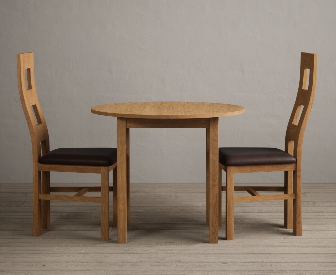 Extending York 90cm Solid Oak Dining Table With 2 Brown Flow Back Chairs