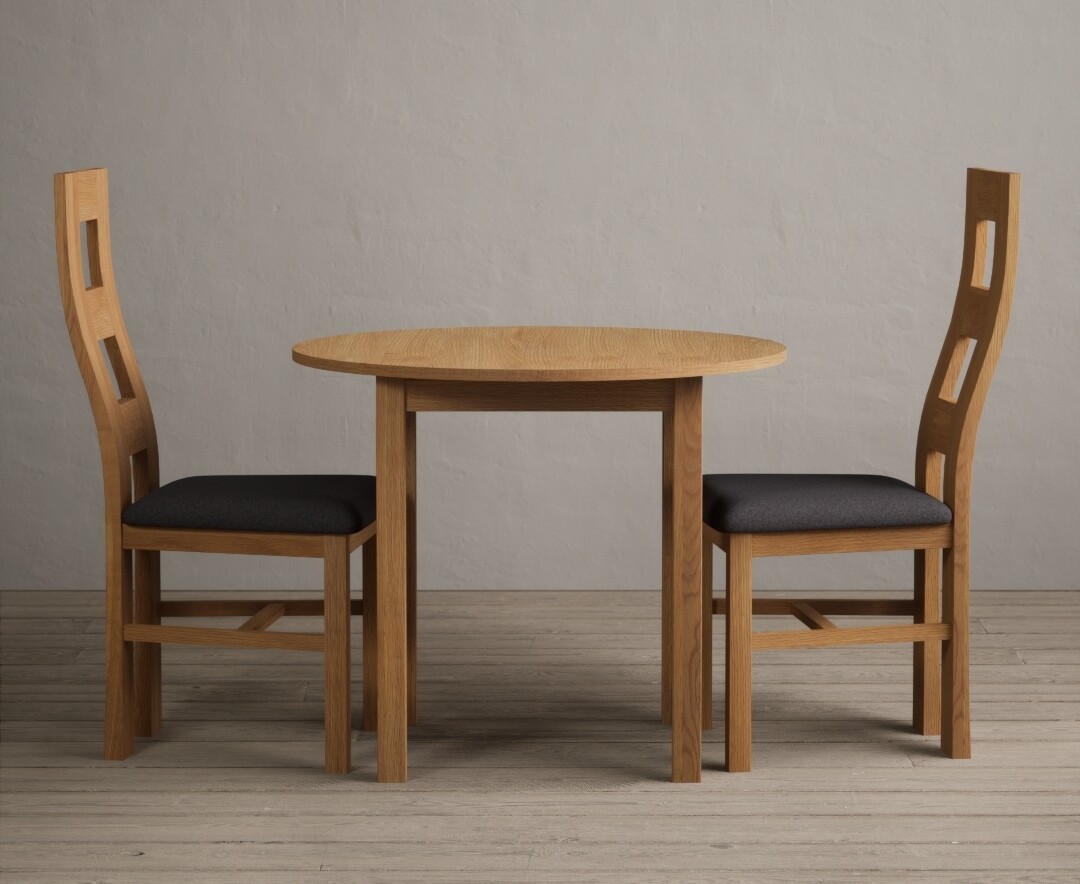 Product photograph of Extending York 90cm Solid Oak Dining Table With 2 Charcoal Grey Flow Back Chairs from Oak Furniture Superstore