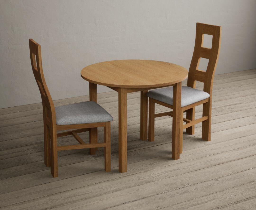 Extending York 90cm Solid Oak Dining Table With 2 Light Grey Flow Back Chairs
