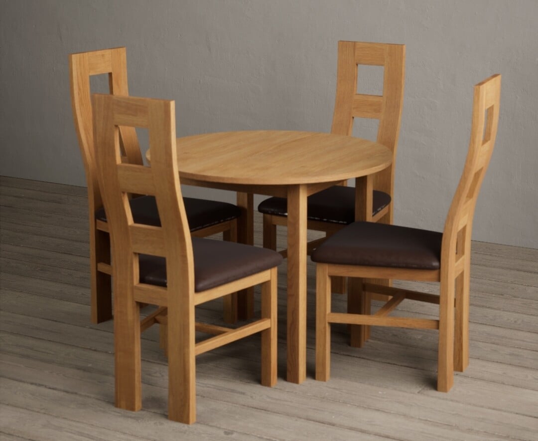 Extending York 90cm Solid Oak Dining Table With 4 Brown Flow Back Chairs