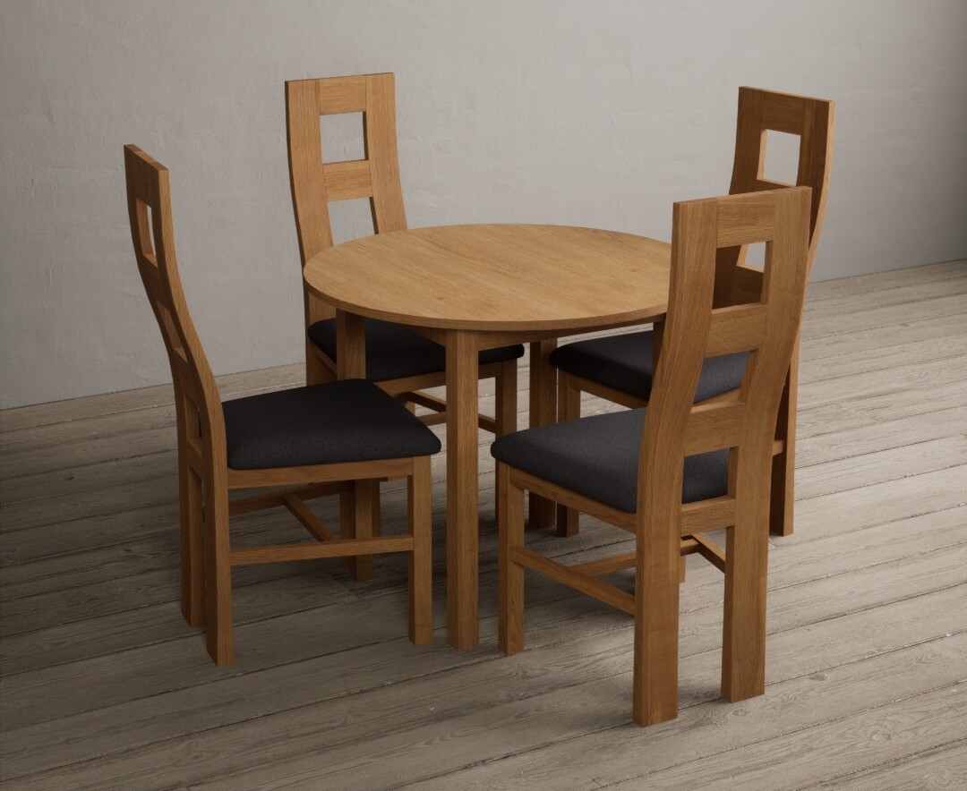 Extending York 90cm Solid Oak Dining Table With 4 Charcoal Grey Flow Back Chairs