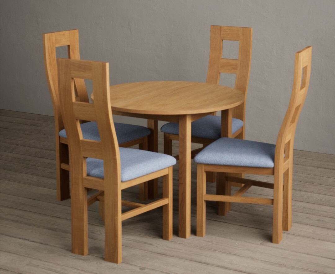 Extending York 90cm Solid Oak Dining Table With 4 Blue Flow Back Chairs