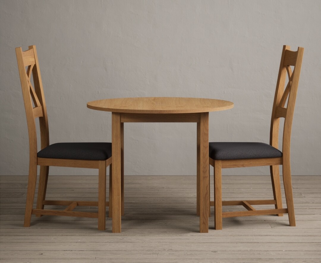 Product photograph of Extending York 90cm Solid Oak Dining Table With 2 Charcoal Grey X Back Chairs from Oak Furniture Superstore