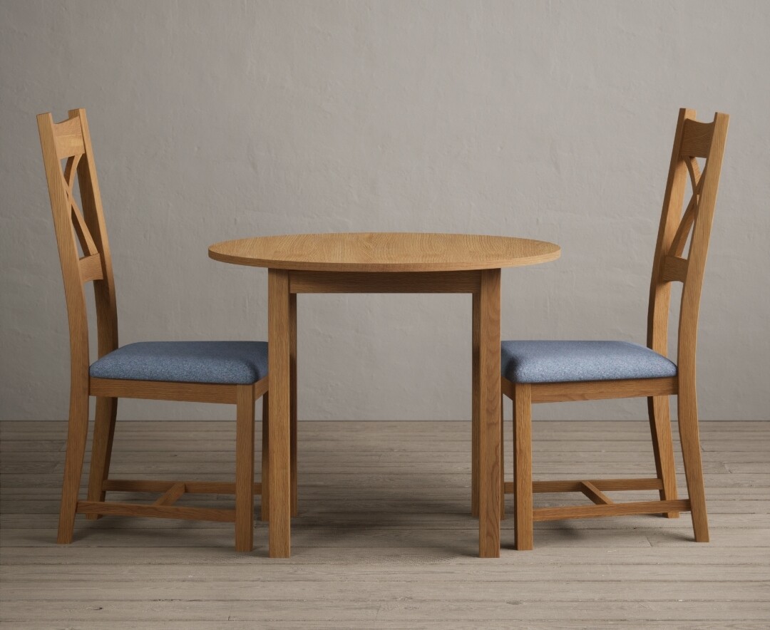 Product photograph of Extending York 90cm Solid Oak Dining Table With 2 Blue X Back Chairs from Oak Furniture Superstore