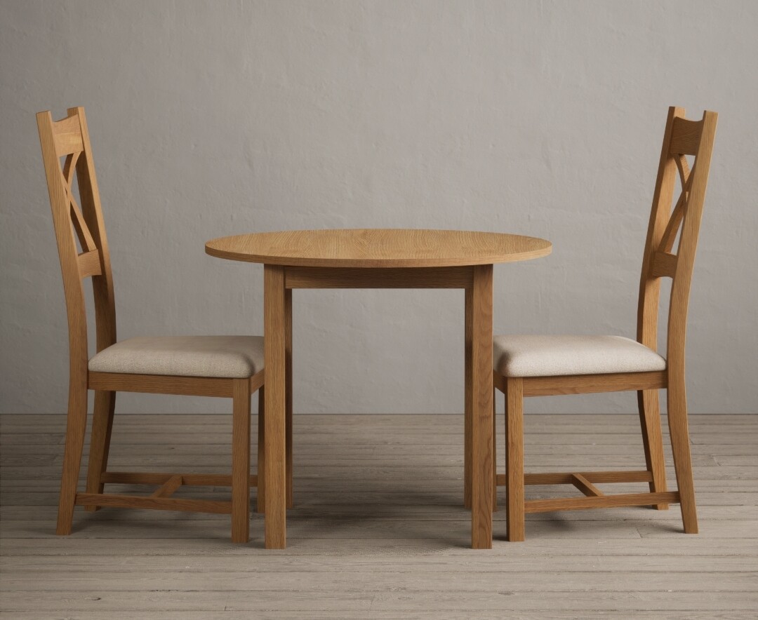 Product photograph of Extending York 90cm Solid Oak Dining Table With 2 Linen X Back Chairs from Oak Furniture Superstore