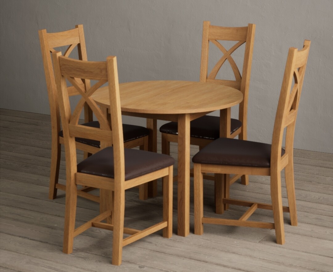 Extending York 90cm Solid Oak Dining Table With 4 Brown X Back Chairs