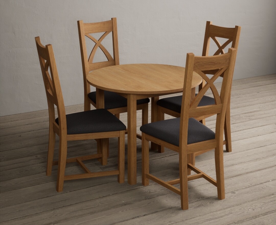 Product photograph of Extending York 90cm Solid Oak Dining Table With 4 Charcoal Grey X Back Chairs from Oak Furniture Superstore
