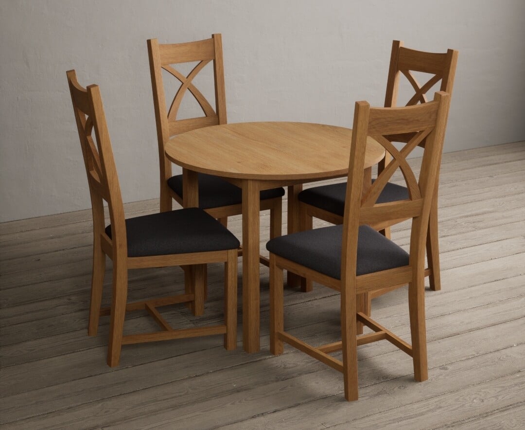 Extending York 90cm Solid Oak Dining Table With 4 Light Grey X Back Chairs