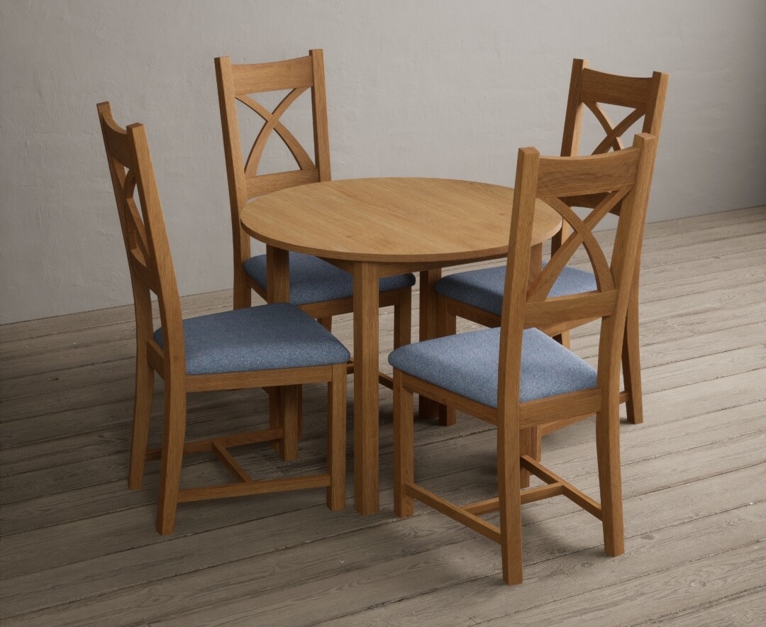 Product photograph of Extending York 90cm Solid Oak Dining Table With 4 Blue X Back Chairs from Oak Furniture Superstore