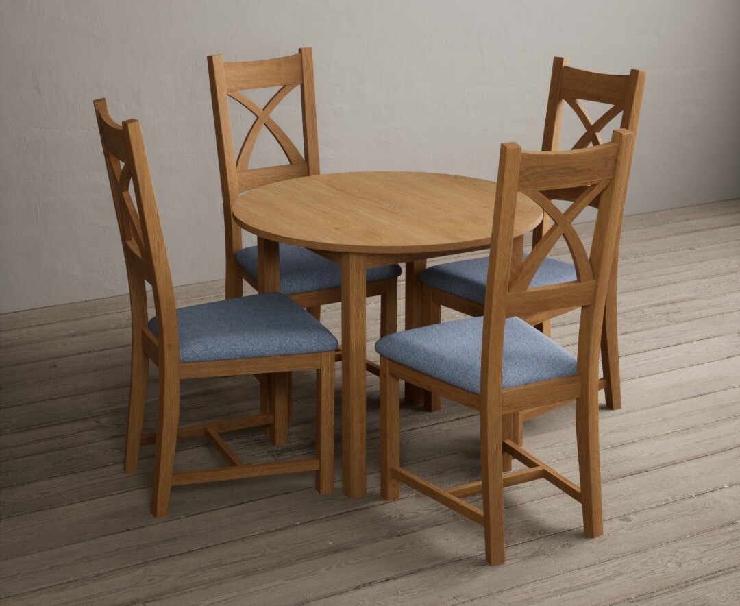Extending York 90cm Solid Oak Dining Table With 4 Blue X Back Chairs