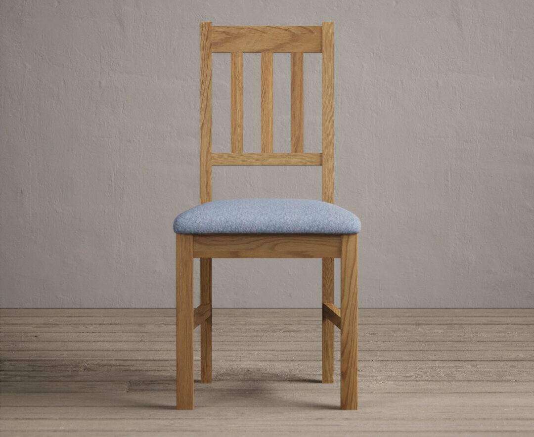 York Solid Oak Dining Chairs With Sky Blue Fabric Seat Pad