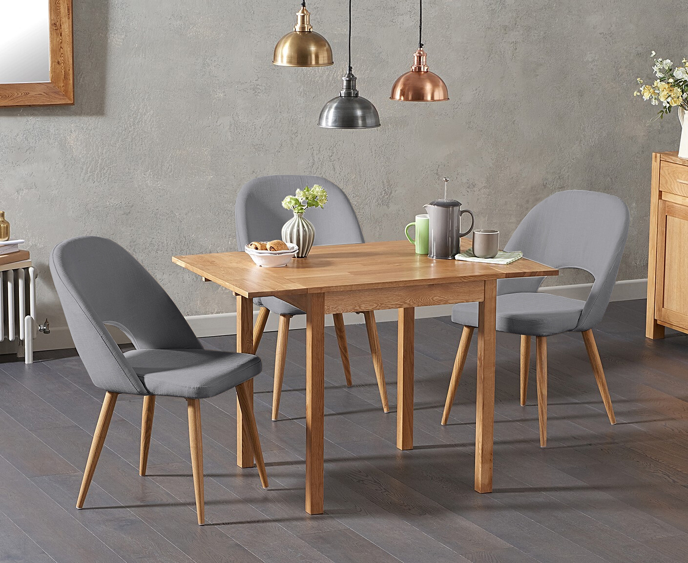 Extending York 70cm Solid Oak Drop Leaf Dining Table With 4 Grey Halifax Chairs