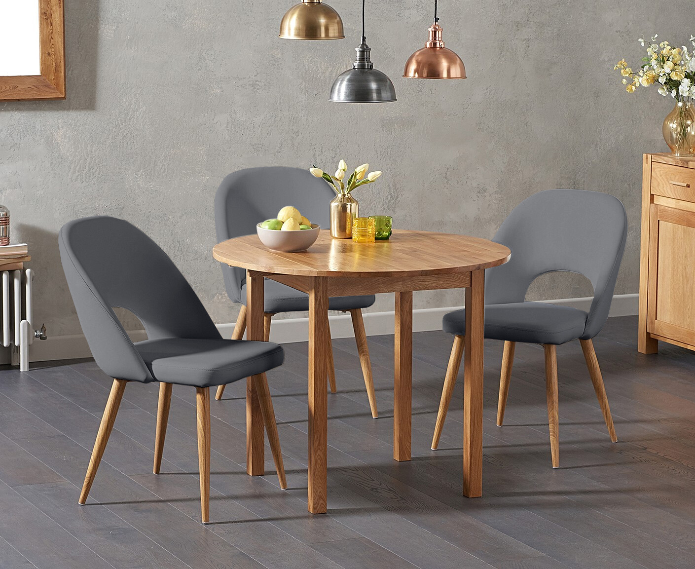 Product photograph of Extending York 90cm Solid Oak Drop Leaf Dining Table With 4 Grey Hudson Faux Leather Chairs from Oak Furniture Superstore