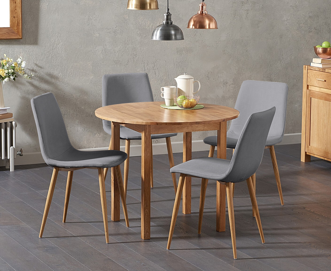 Extending York 90cm Solid Oak Dining Table With 4 Grey Astrid Chairs