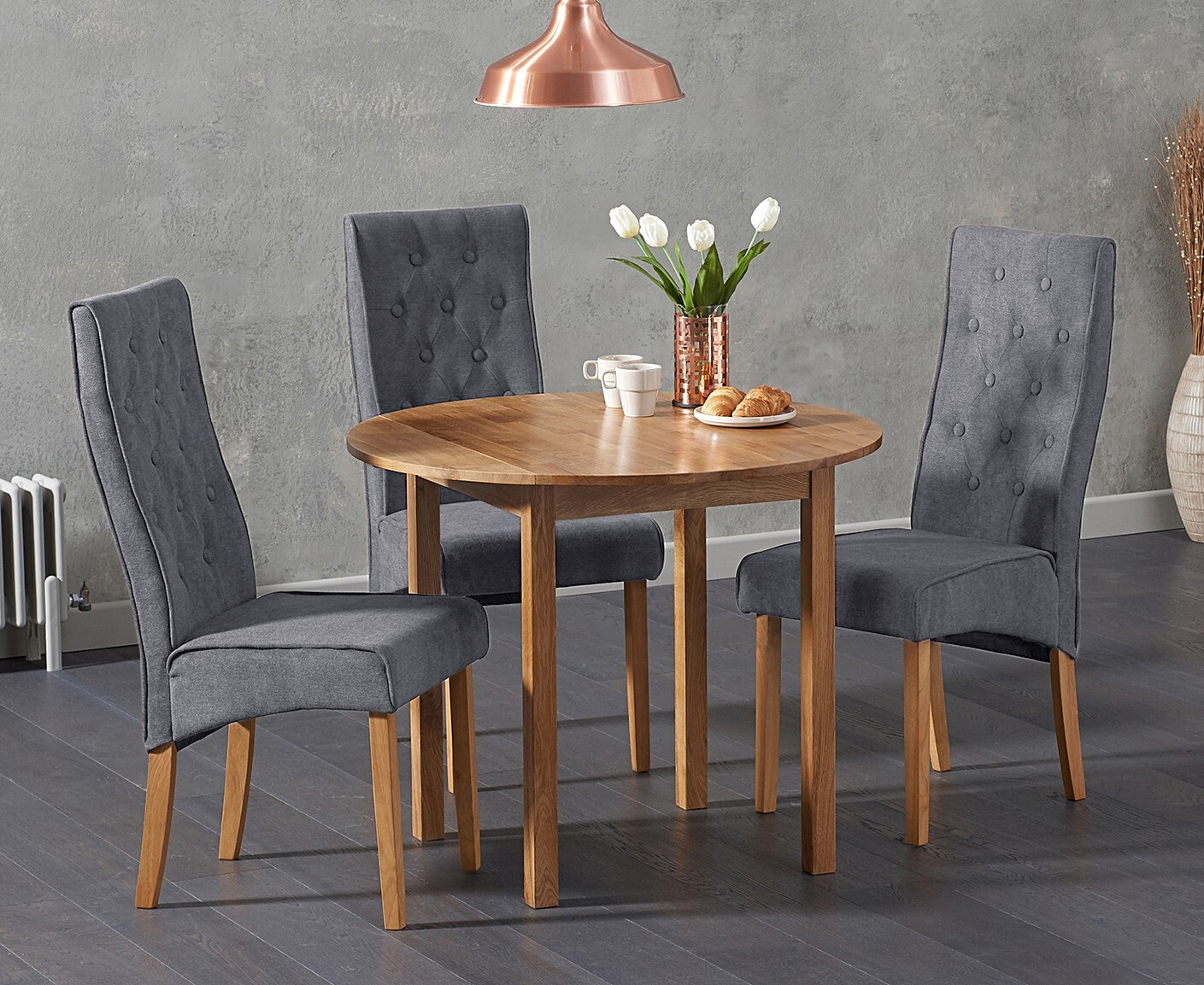 Extending York 90cm Solid Oak Dining Table With 4 Grey Maya Chairs